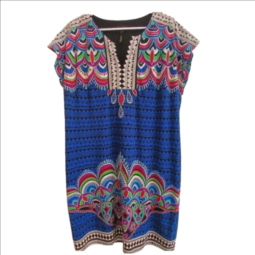 LAUNDRY by Shelli Segal Multi Colour LINED Shift Midi Dress Sz L Like New